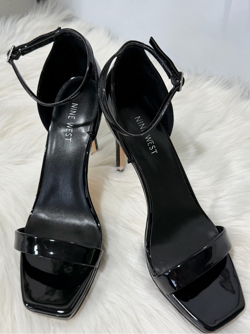 Nine West Black Patent Open-Toe Ankle-Strap Stiletto Heels 9.5